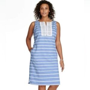 TALBOTS Linen Blue Striped Linen Crochet Lace Shift Dress Size 12